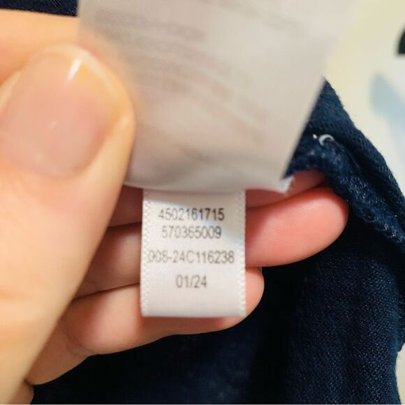 Chicos Navy Blue Knit Linen Pom Pom trim V Neck Tee Shirt size large - Picture 5 of 6